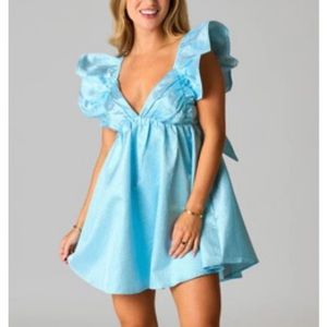 Blue metallic puff sleeve dress